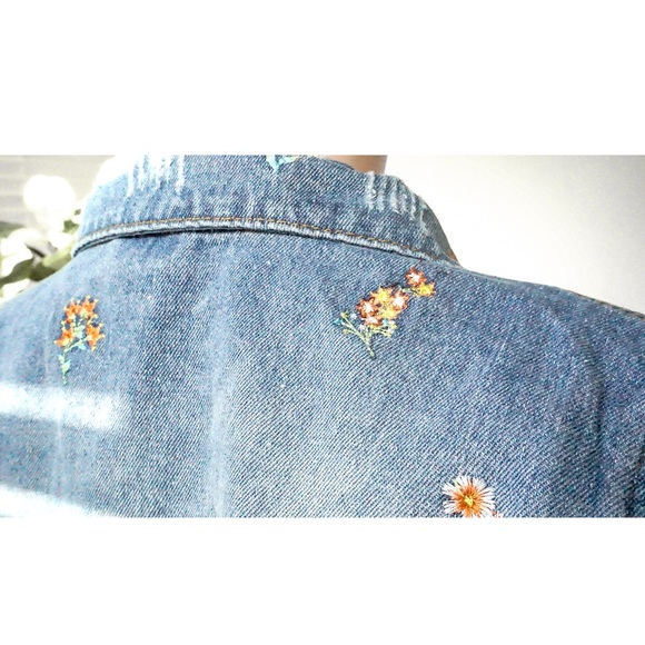 Distressed Denim Jacket Floral Embroidered Detail - Picture 13 of 16